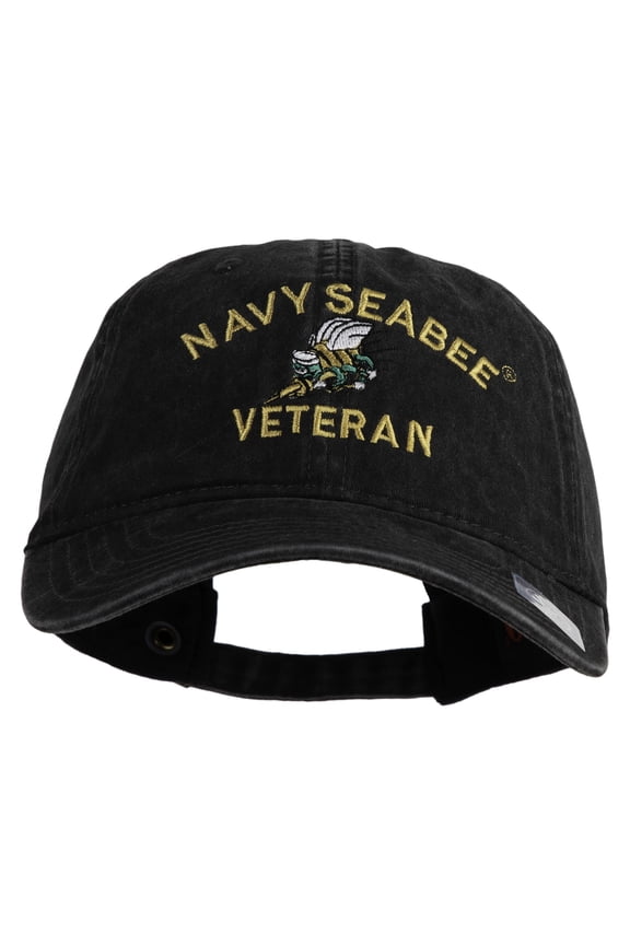 US Navy Seabee Veteran Military Embroidered Washed Solid Pigment Dyed Cotton Twill Brass Buckle Cap - Black OSFM