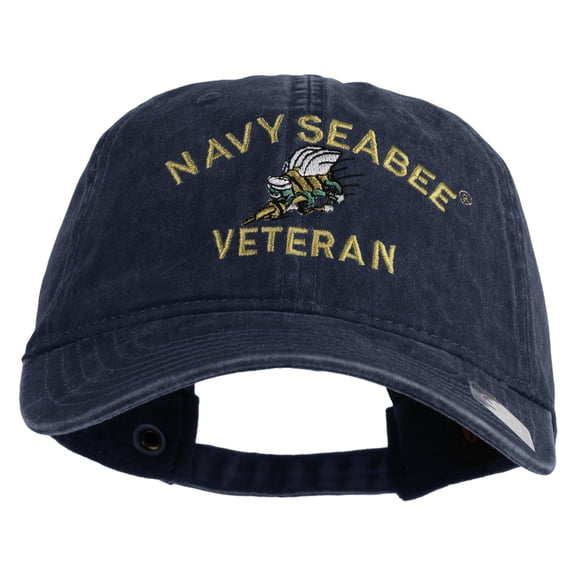 US Navy Seabee Veteran Military Embroidered Washed Solid Pigment Dyed Cotton Twill Brass Buckle Cap - Navy OSFM