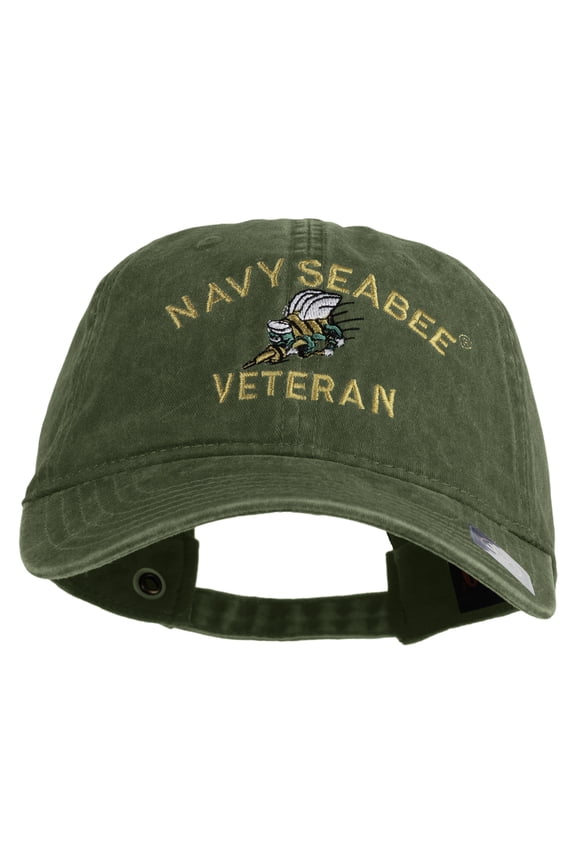 US Navy Seabee Veteran Military Embroidered Washed Solid Pigment Dyed Cotton Twill Brass Buckle Cap - Olive OSFM
