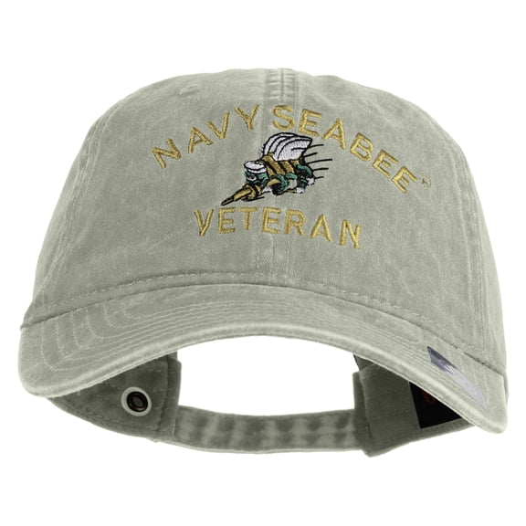 US Navy Seabee Veteran Military Embroidered Washed Solid Pigment Dyed Cotton Twill Brass Buckle Cap - Stone Grey OSFM