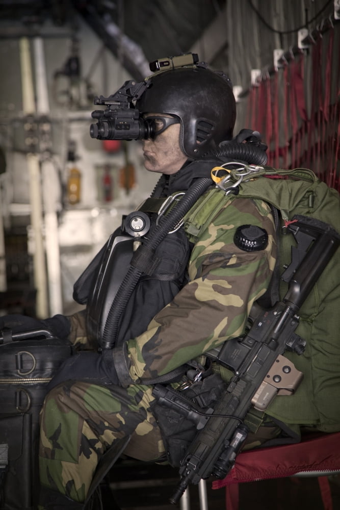 US Navy Seal equipped with night vision prepares for HALO jump operations Canvas Art - Tom WeberStocktrek Images (24 x 35)