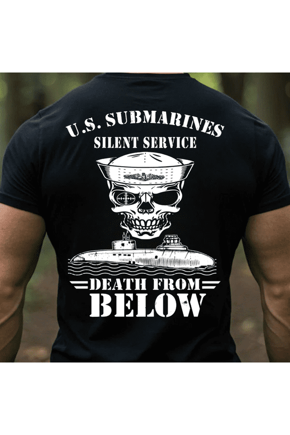 US Navy Submarine Veteran T-Shirt - Silent Service Death From Below Skull Graphic Tee