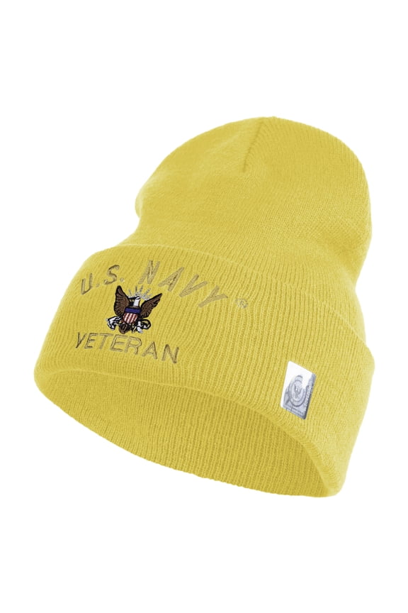 US Navy Veteran Military Embroidered 12 inch Cuffed Knit YP Long Beanie - Gold OSFM
