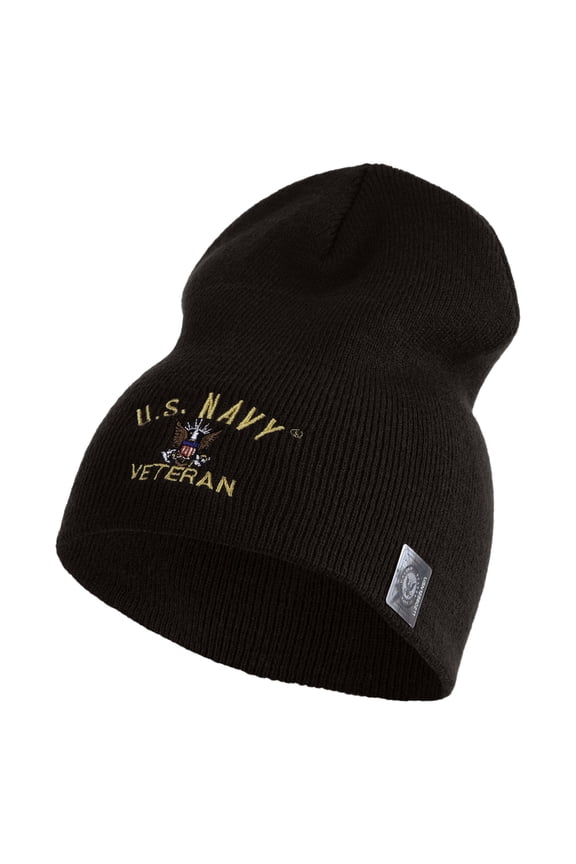 US Navy Veteran Military Embroidered Heavyweight Classic Knit YP Short Beanie - Brown OSFM