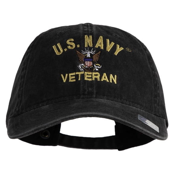 US Navy Veteran Military Embroidered Washed Solid Pigment Dyed Cotton Twill Brass Buckle Cap - Black OSFM