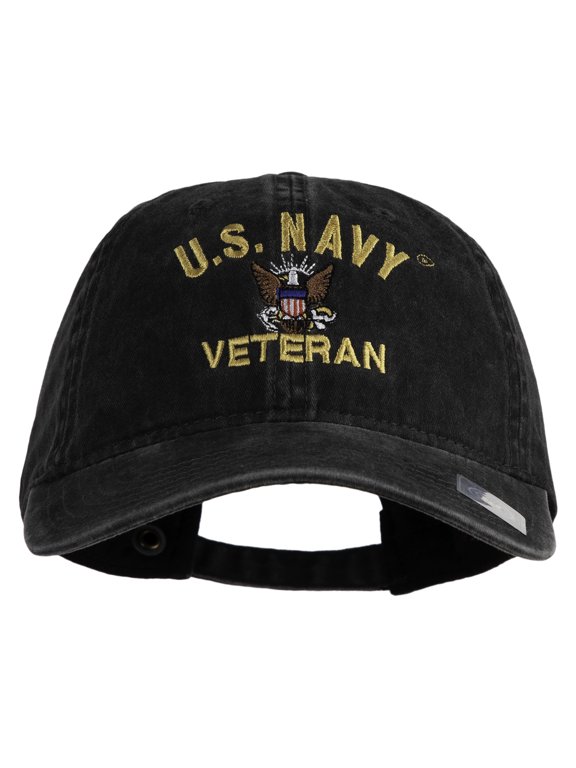 US Navy Veteran Military Embroidered Washed Solid Pigment Dyed Cotton Twill Brass Buckle Cap - Black OSFM