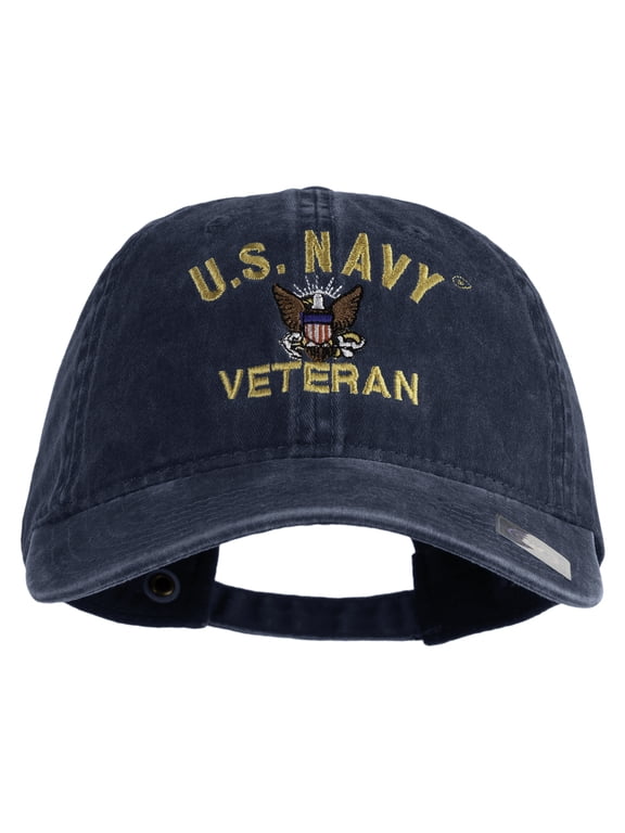 US Navy Veteran Military Embroidered Washed Solid Pigment Dyed Cotton Twill Brass Buckle Cap - Navy OSFM