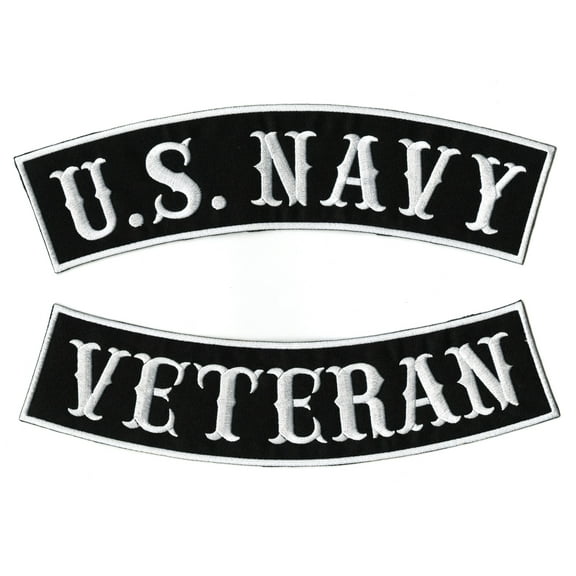 US Navy Veteran Rockers 12" | IFC Rail Road Military Vet Top Bottom Rocker Patch | Large Embroidered Iron On Motorcycle Jacket Patches | 2pc. Set - by Nixon Thread Co.