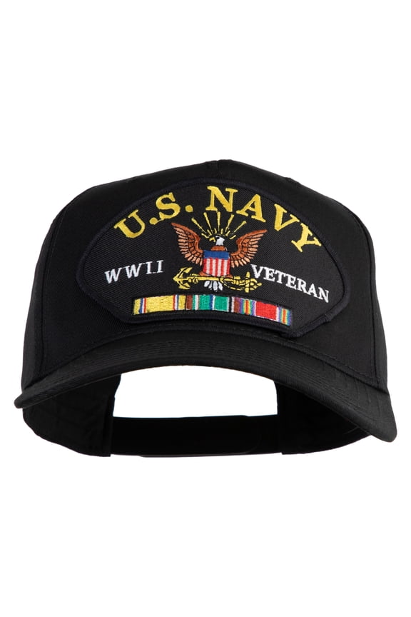 US Navy WWII Veteran Patched Solid Cotton Twill 5 Panel Prostyle Snap Cap - Black OSFM