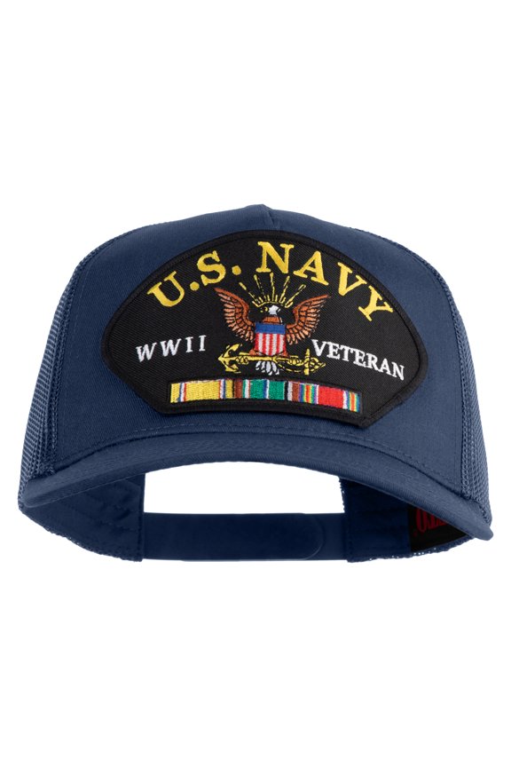 US Navy WWII Veteran Patched Solid Cotton Twill 5 panel Mesh Back Cap - Navy OSFM