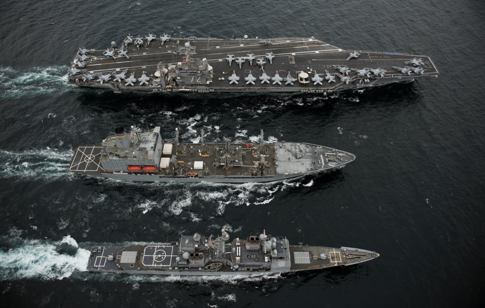 US Navy ships conduct a replenishment at sea in the Pacific Ocean Canvas Art - Stocktrek Images (36 x 23)