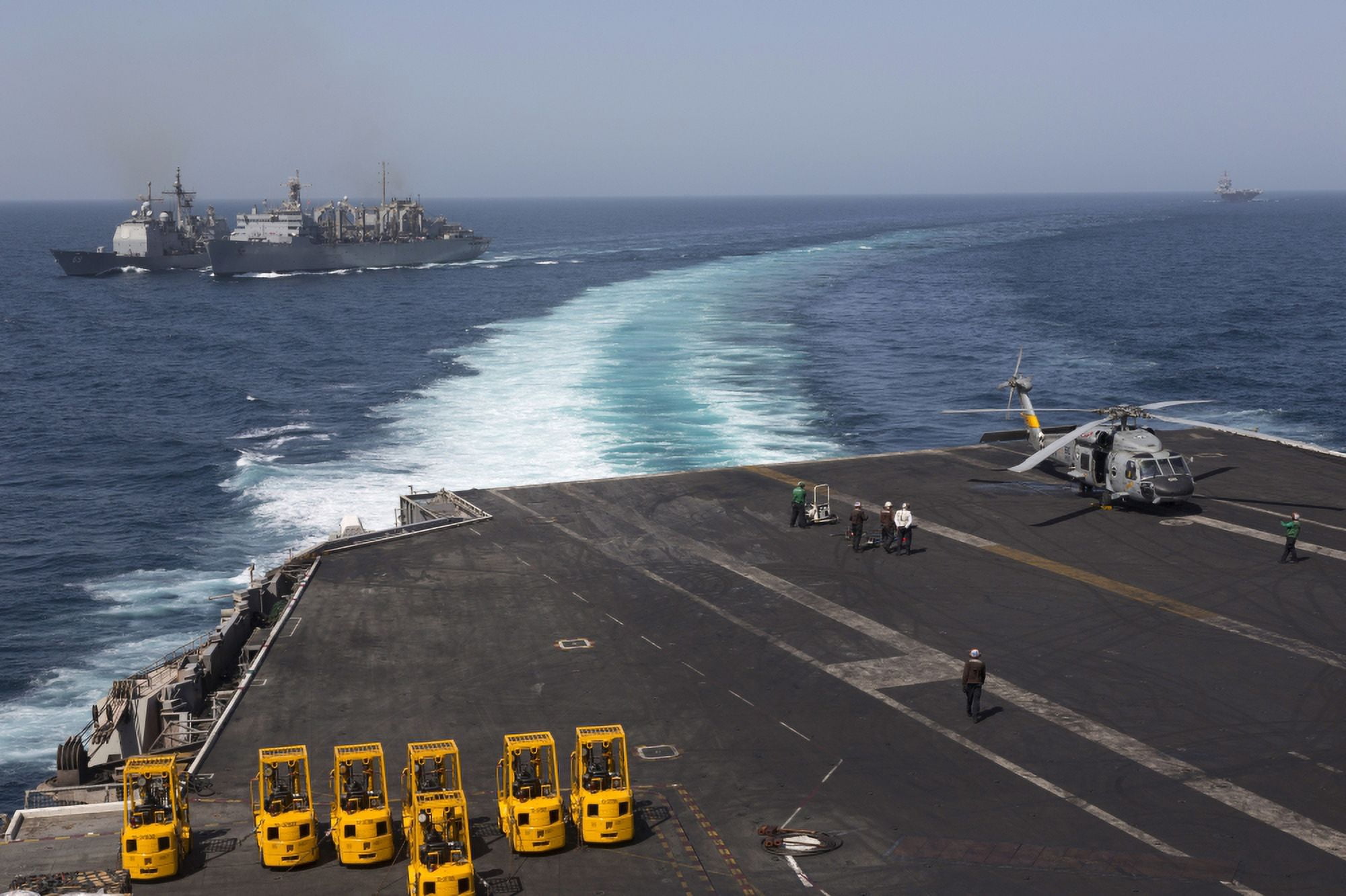 US Navy ships in the Arabian Sea during a replenishment at sea exercise Canvas Art - Gert KromhoutStocktrek Images (18 x 12)