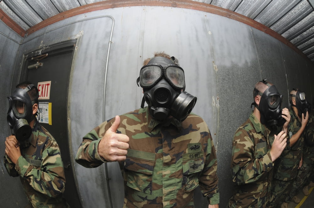 US Navy soldier shows he is stable inside the gas chamber Canvas Art - Stocktrek Images (34 x 23)