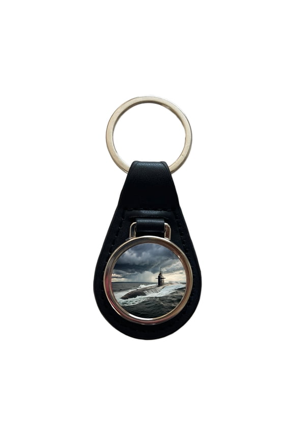 US Nuclear Submarine Underway Metal Black Leather Keychain