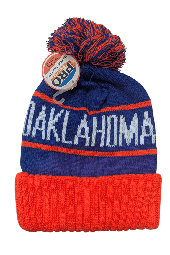 US Okalahoma State Name Bubble Knit Aqua/Orange Pom Beanie Skull Cap