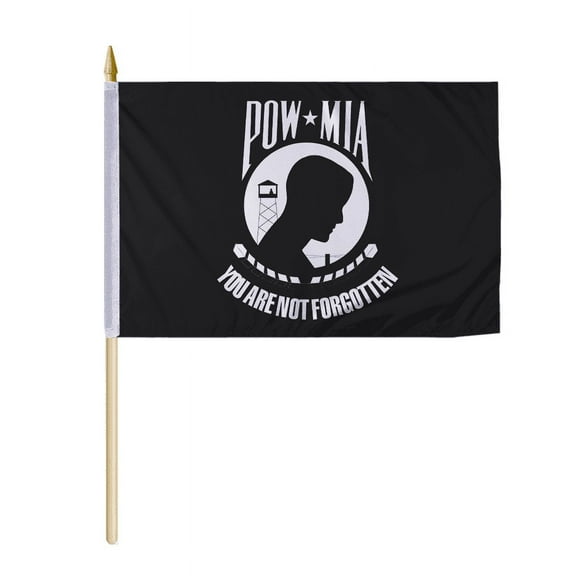 US POW MIA Black 12x18 inch Stick Flag, Durable Polyester with Spear Tip Display Pole, Double-Stitched Edges for Outdoor/Indoor Use
