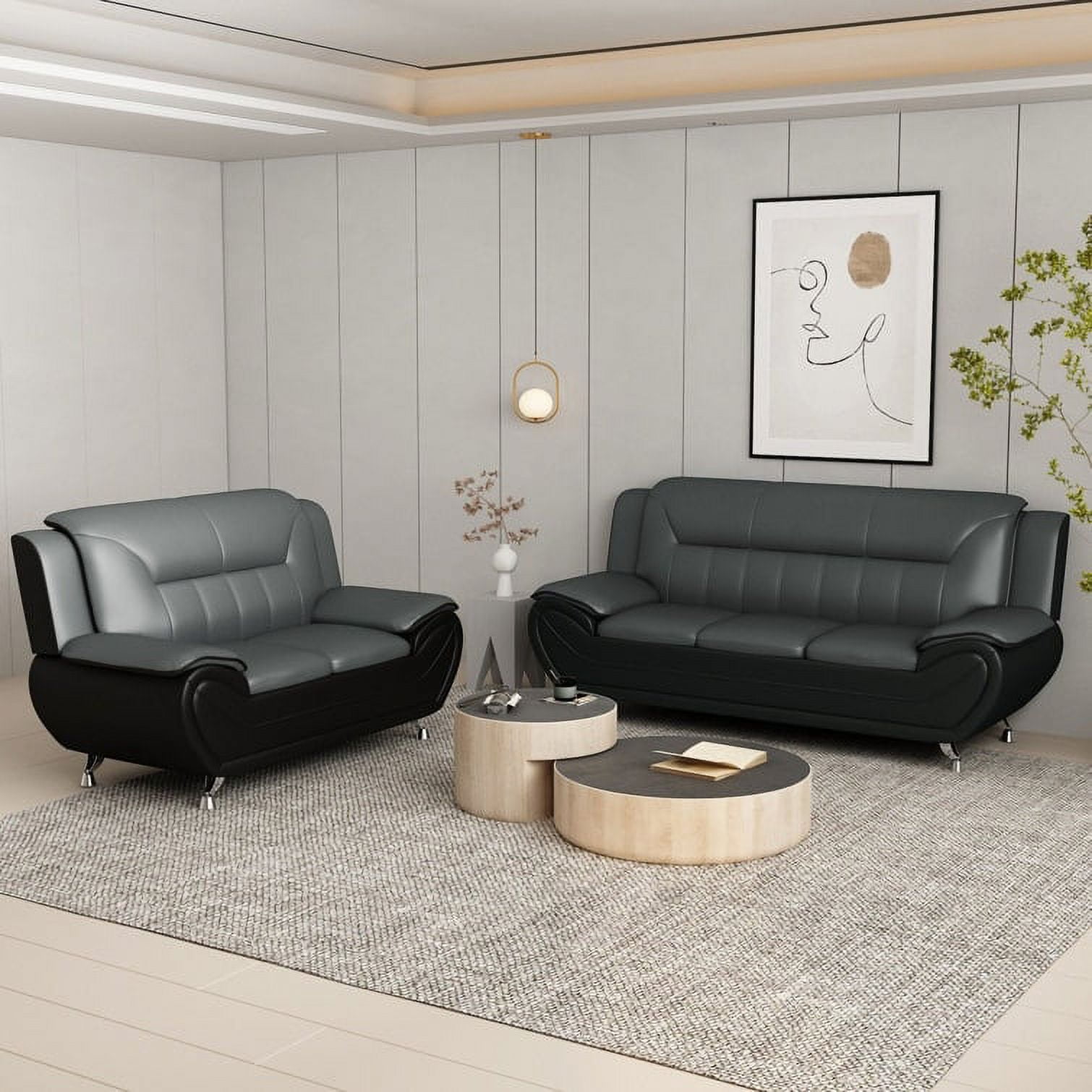 US PRIDE FURNITURE Eveland Faux Leather Upholstered 2PCS Living Room Set-Gray/Black