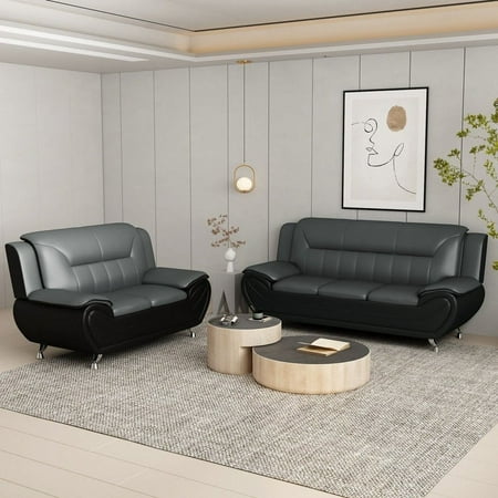 US PRIDE FURNITURE Eveland Faux Leather Upholstered 2PCS Living Room Set-Gray/Black