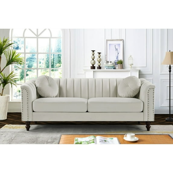 US PRIDE FURNITURE Hills Tufted Back Nailhead 75.2" Sofa-Ivory