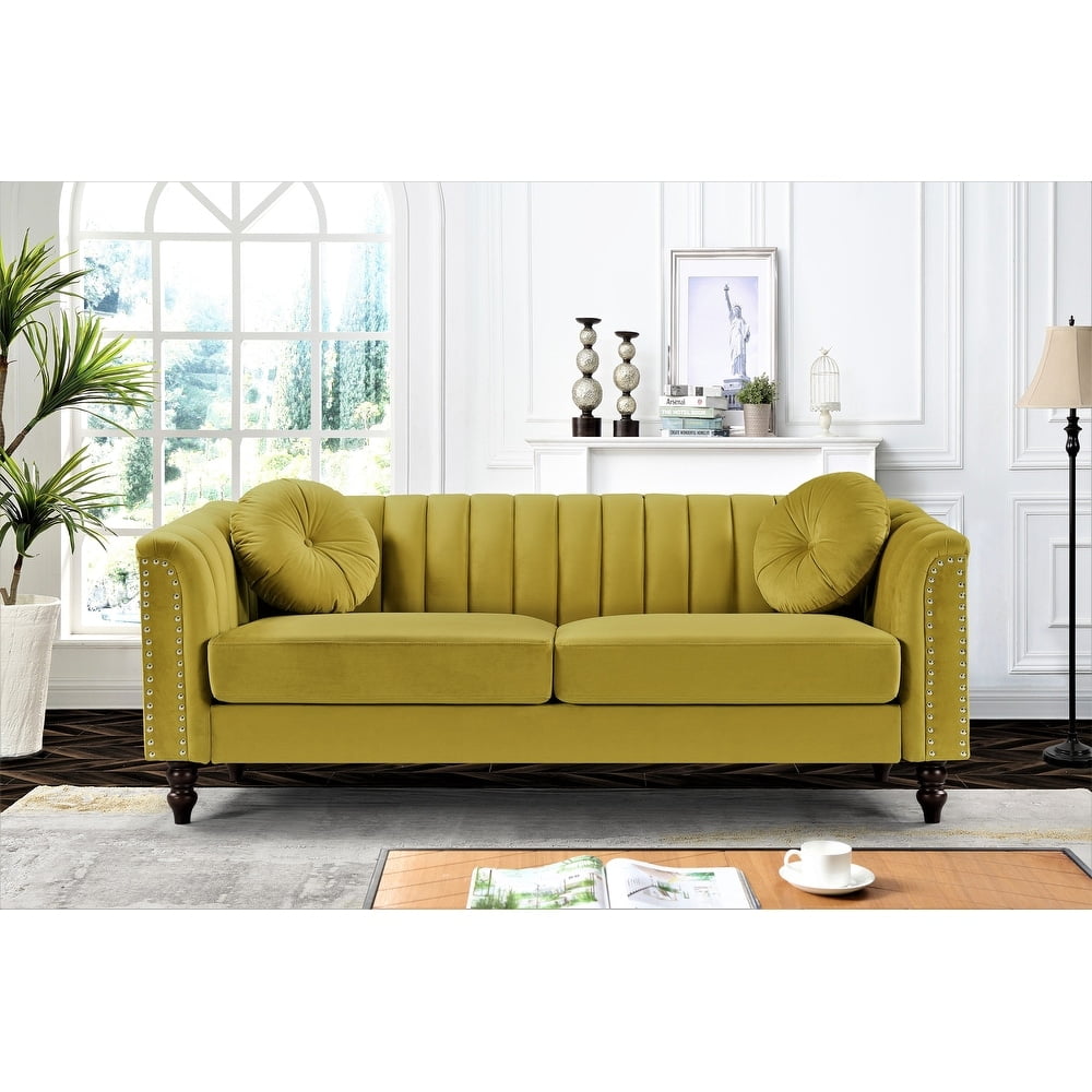 US PRIDE FURNITURE Hills Tufted Back Nailhead 75.2" Sofa-Yellow Green