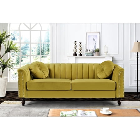 US PRIDE FURNITURE Hills Tufted Back Nailhead 75.2" Sofa-Yellow Green