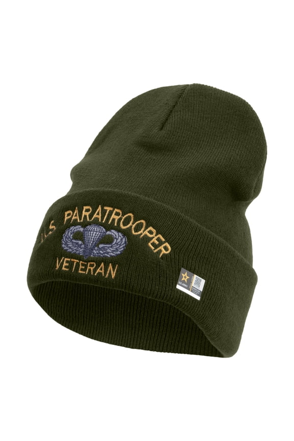 US Paratrooper Veteran Embroidered 12 Inch Long Knitted Beanie - Olive OSFM