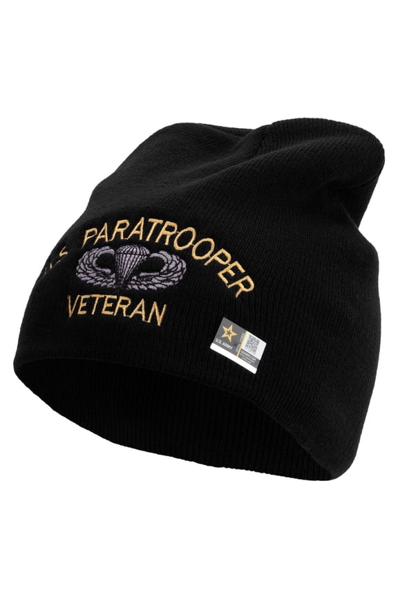 US Paratrooper Veteran Embroidered 8 Inch Knitted Short Beanie - Black OSFM