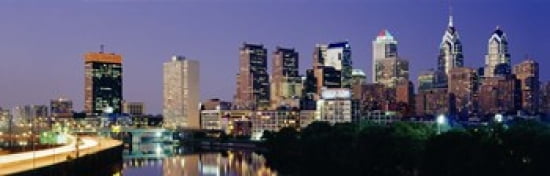 US Pennsylvania Philadelphia skyline night Canvas Art - Panoramic Images (36 x 12)