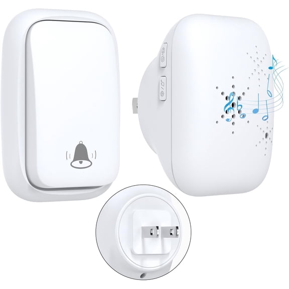 US Plug Self Powered Wireless Doorbell No Battery 100M Distance 38 Songs Door bell Button Outdoor Doorbell Wireless Waterproof for Home School Office (US White 1V1 A)