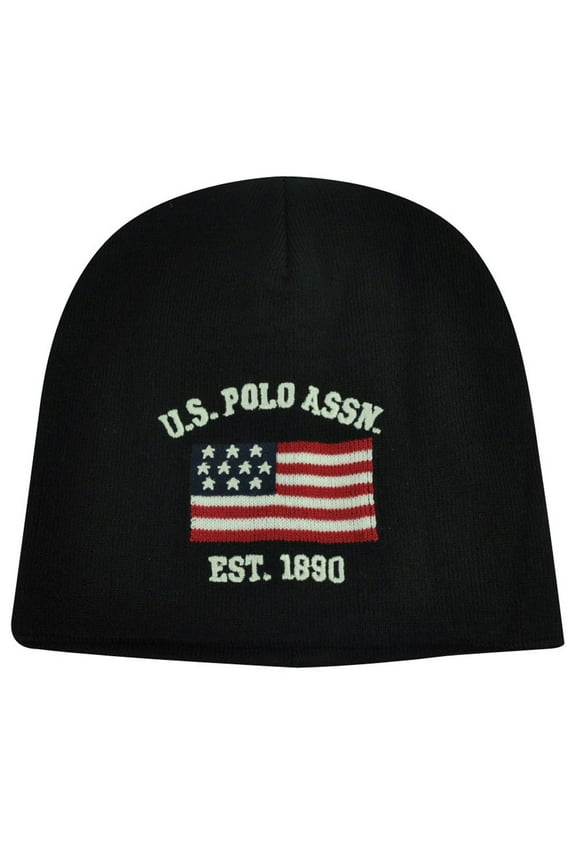 US Polo Assn Association Brand Flag Logo Cuffless Hat Black Beanie Knit Toque