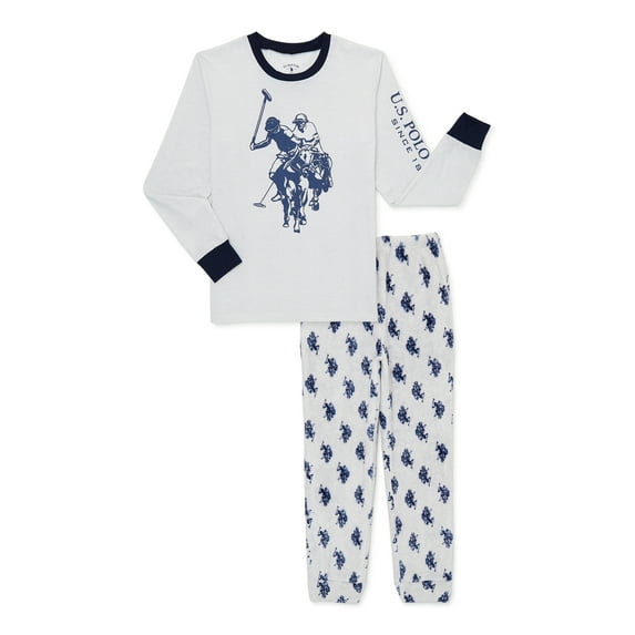 US Polo Assn. Boys Long Sleeve Shirt and Plush Pajama Pants, 2-Piece Sleep Set, Sizes 4-18
