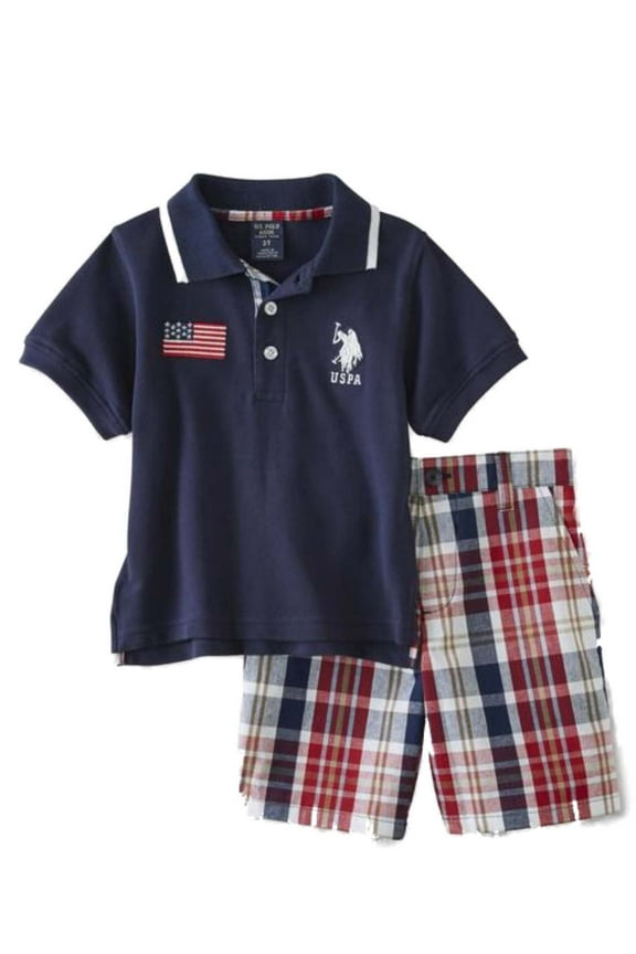 US Polo Assn Infant & Toddler Boys Polo Navy Blue Baby Outfit Red Plaid Set 12M