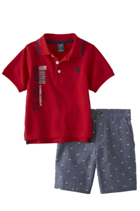 US Polo Assn Infant & Toddler Boys Red Polo Baby Outfit Gray Poplin Shorts Set