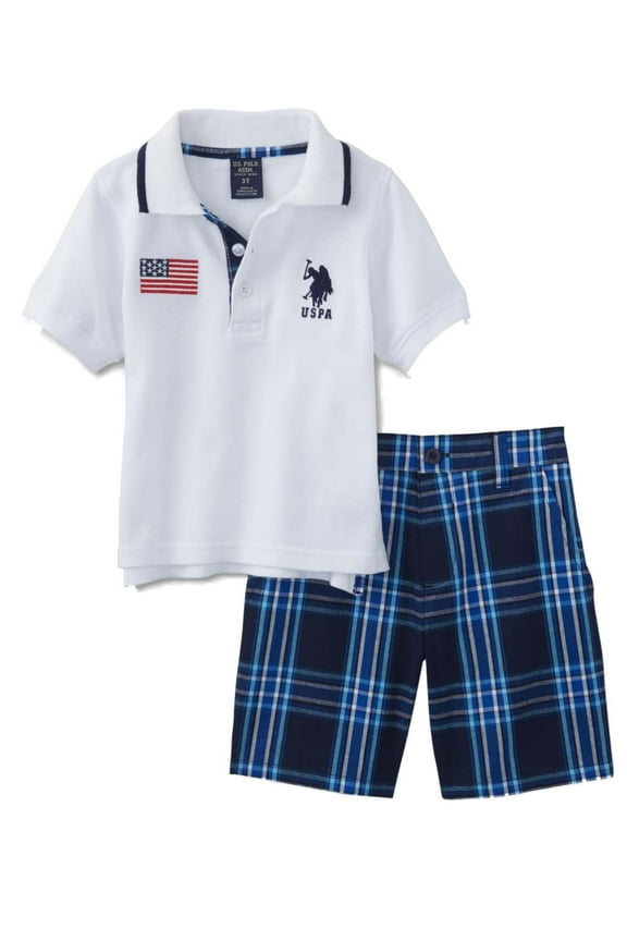 US Polo Assn Infant & Toddler Boys White Polo Baby Outfit Blue & Black Plaid Set