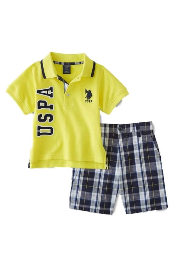 US Polo Assn Infant & Toddler Boys Yellow Polo Baby Outfit Black Plaid Set 12M