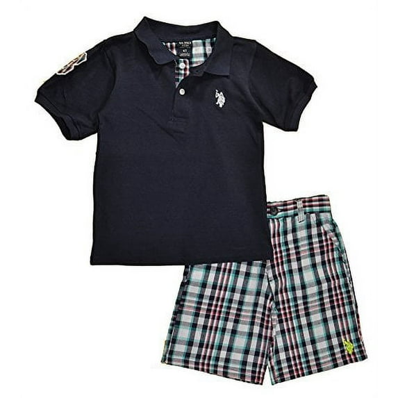US Polo Assn Little Boys Navy Blue Polo 2pc Plaid Short Set (4)