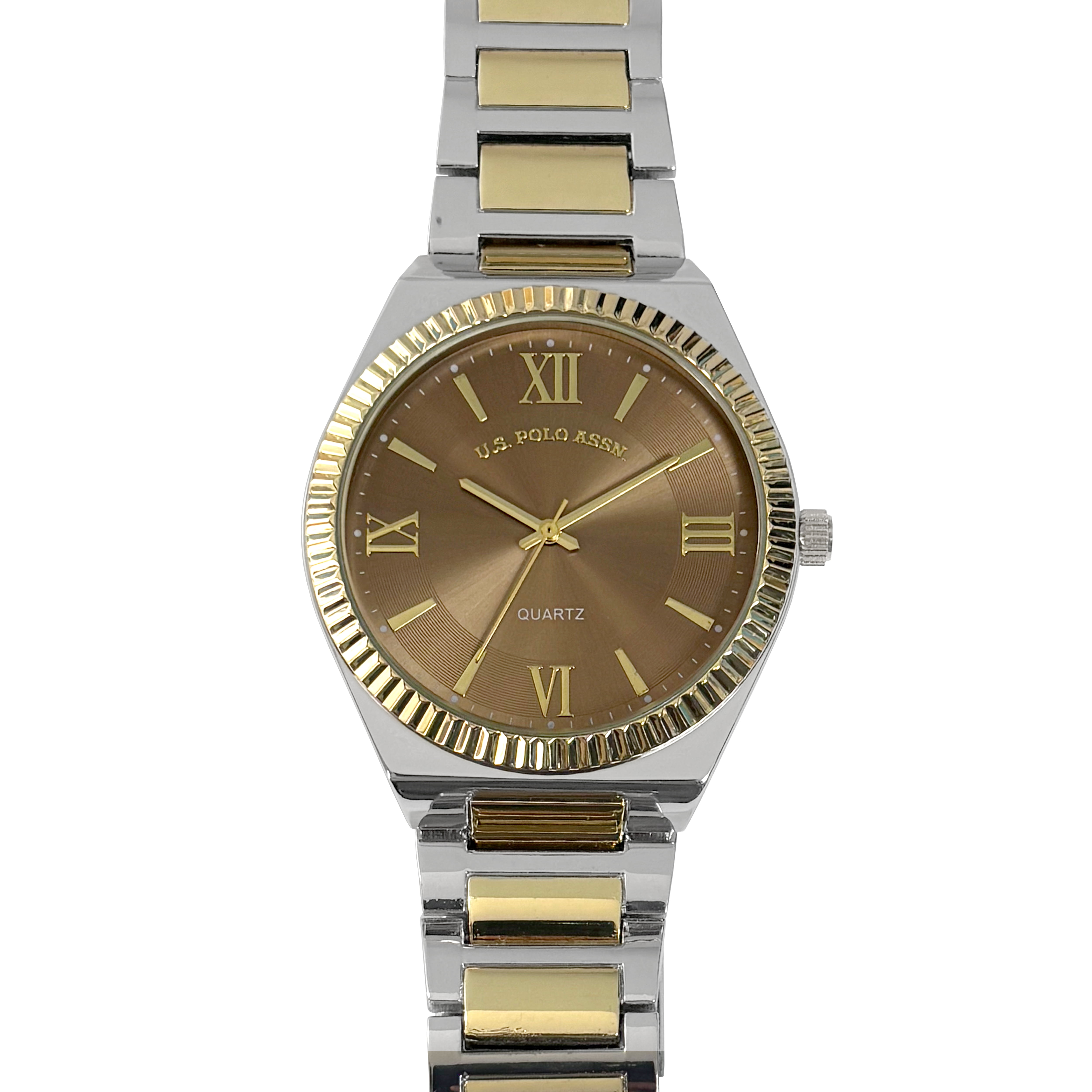US Polo Ladies Two Tone Bracelt Watch with Brown Dial and Arabic Numerals.