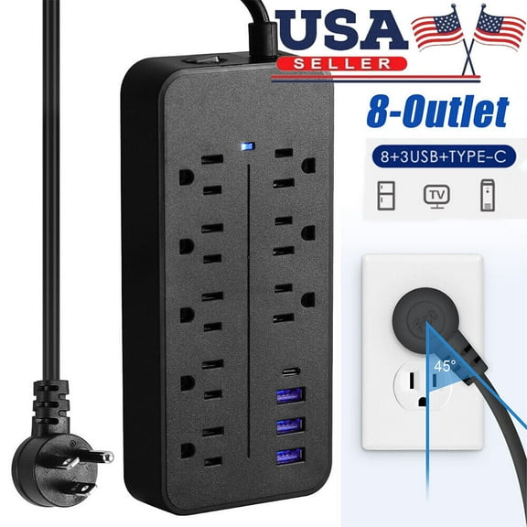 US Power Strip Surge Protector 8 AC Outlets 3 USB Ports 1 Type C USB-C Port w/ 4FT Cable Black