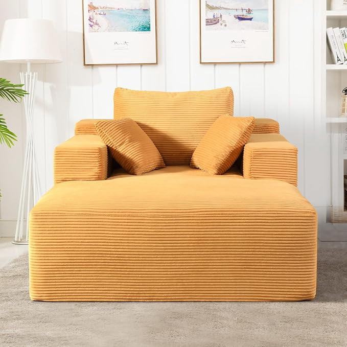 US Pride Chaise Lounge Chair Indoor – Oversized Corduroy Couch with Wide Armrest & Throw Pillows