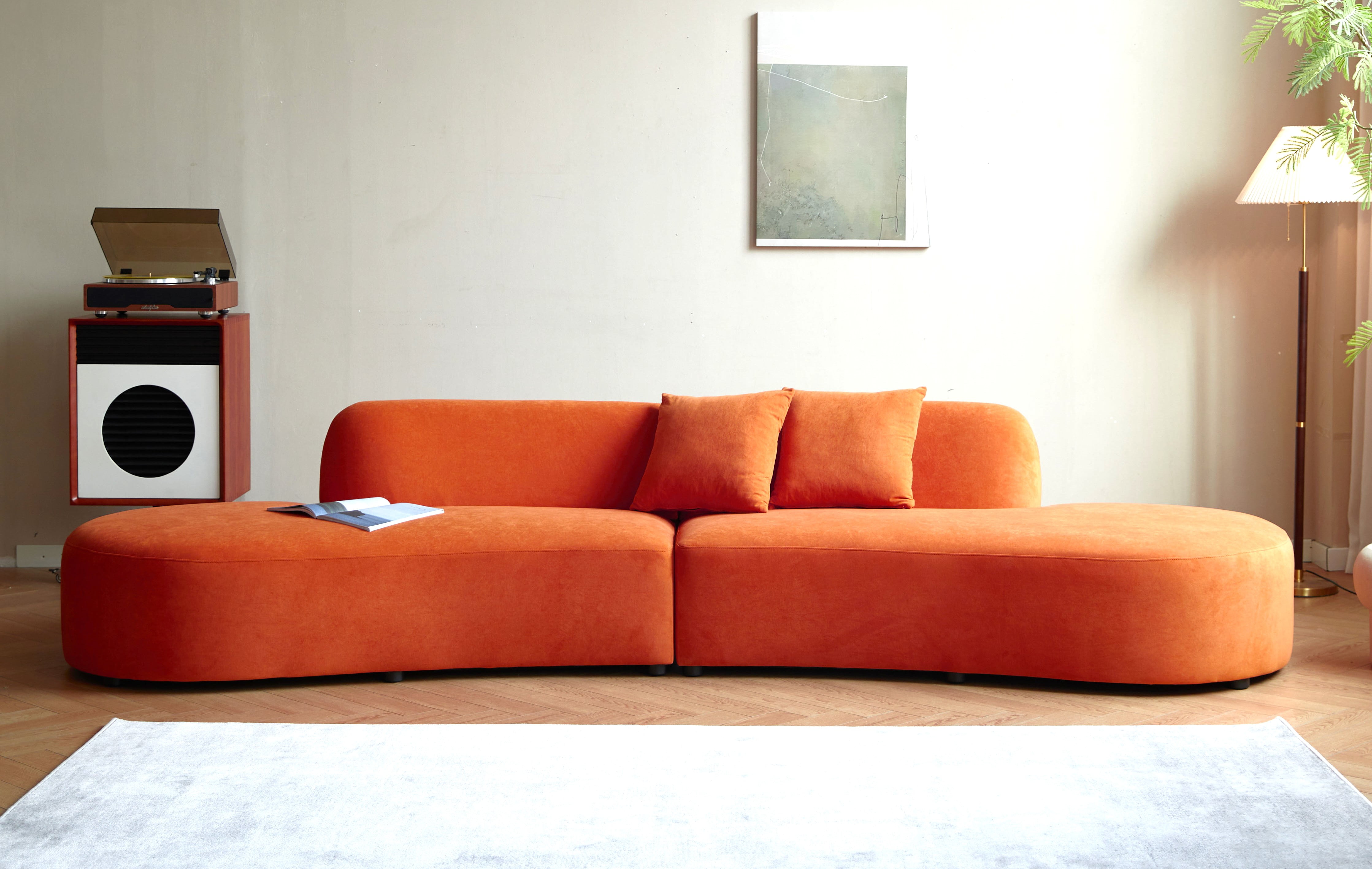 US Pride Furniture 132.3 inch Large Size Elegant Half Moon Design Curved 6-Seat Sofa with High-Density Foam Filled Red Orange