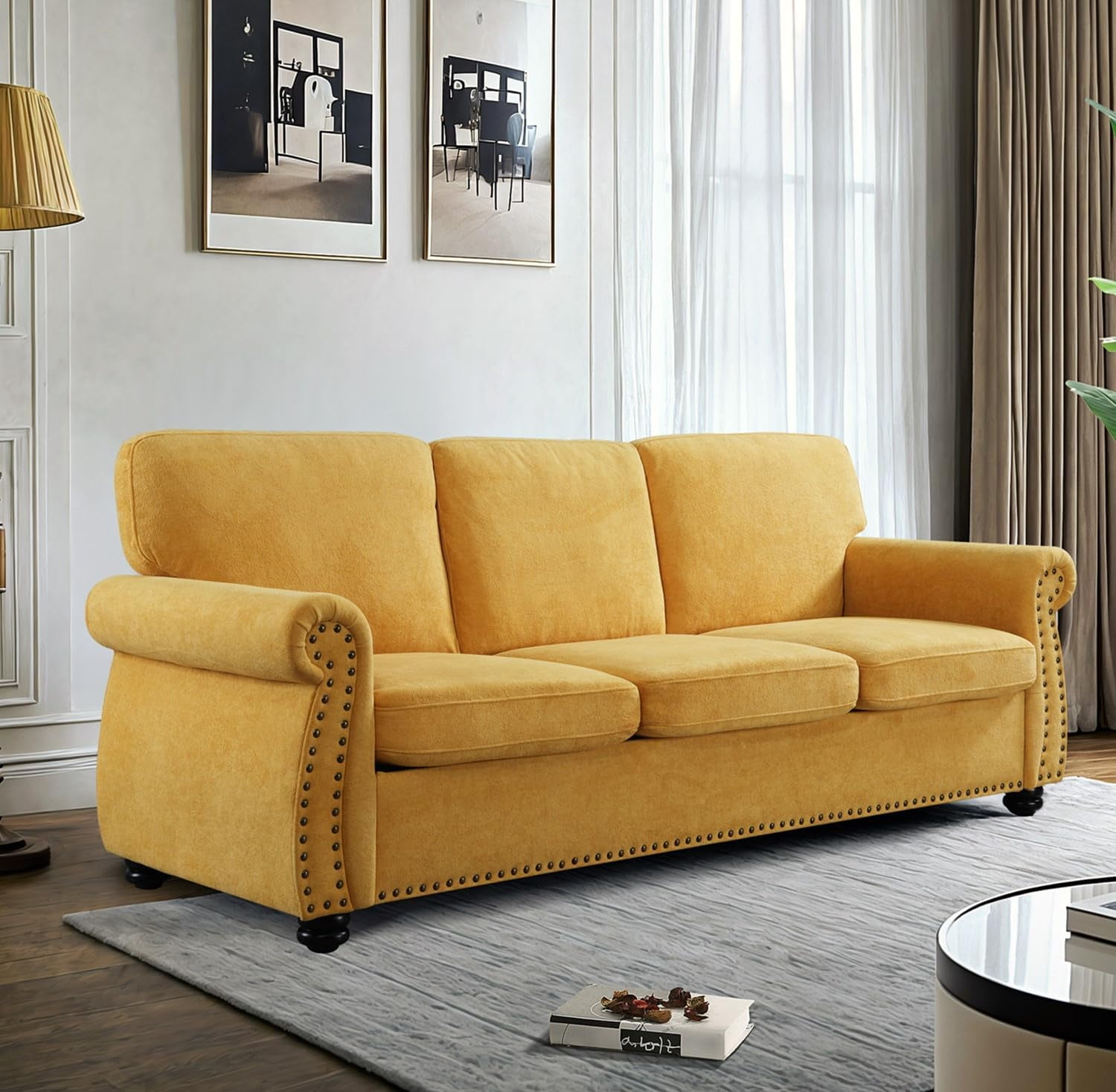 US Pride Furniture 91 in. Wide Rolled Arm Velvet Modern Rectangle Sofa in Yellow For Home