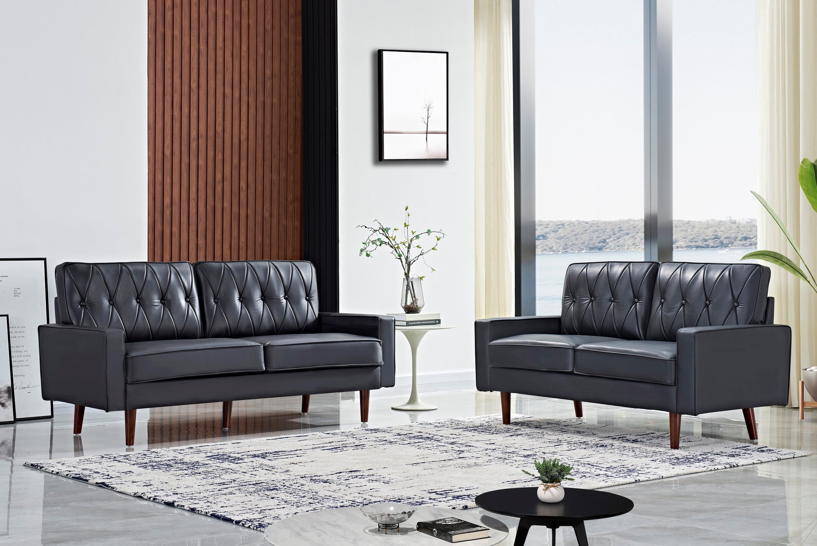 US Pride Furniture Acire Faux Leather Cushion Back 2Pcs Living Room Set, Black