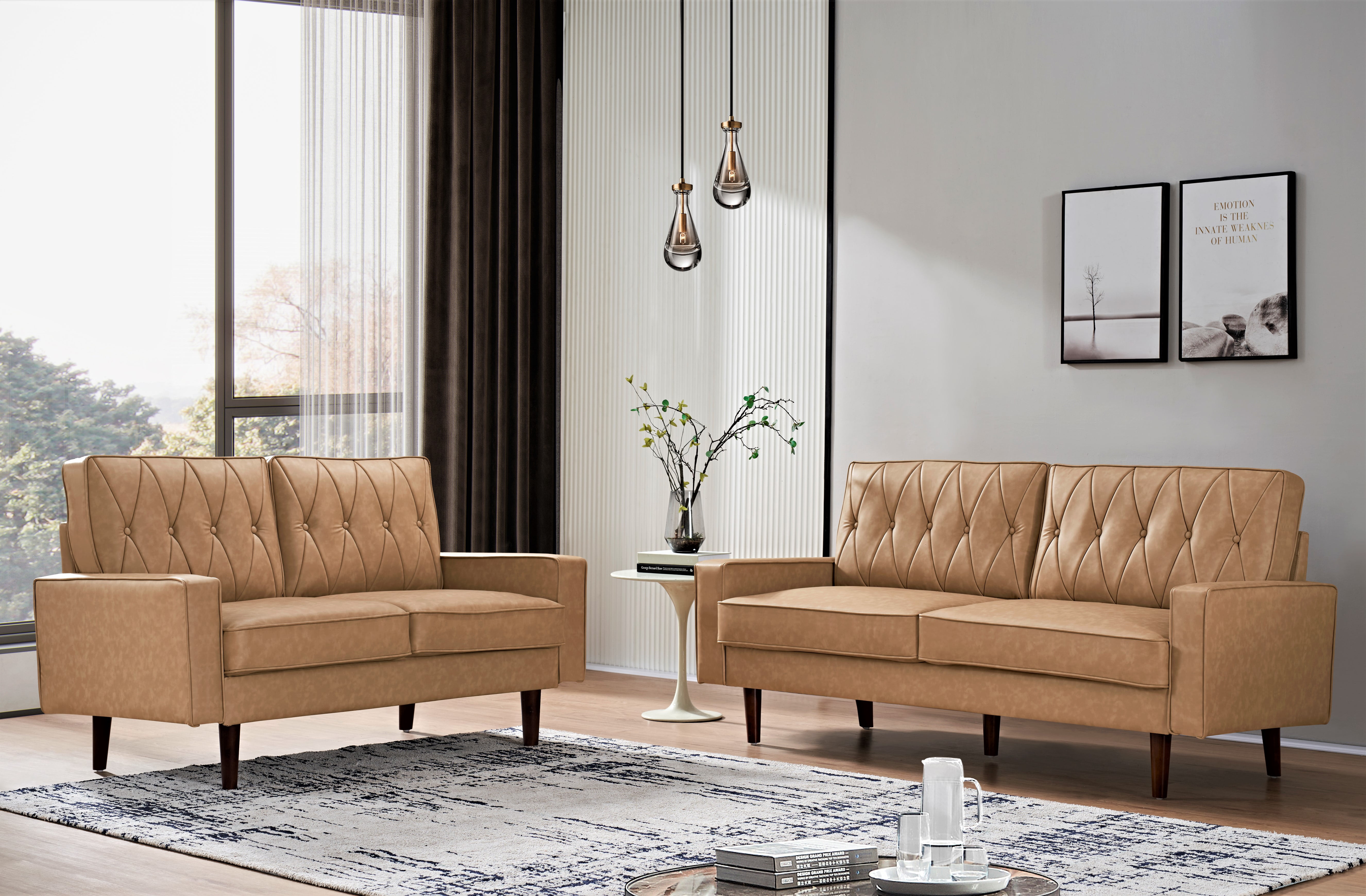 US Pride Furniture Acire Faux Leather Cushion Back 2Pcs Living Room Set, Camel