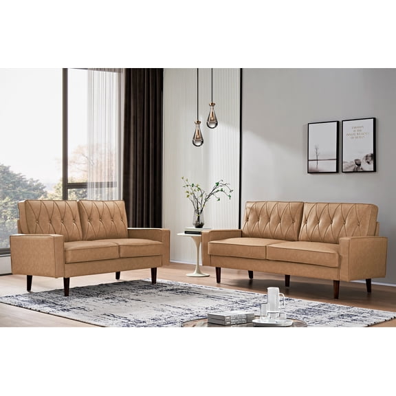 US Pride Furniture Acire Faux Leather Cushion Back 2Pcs Living Room Set, Camel