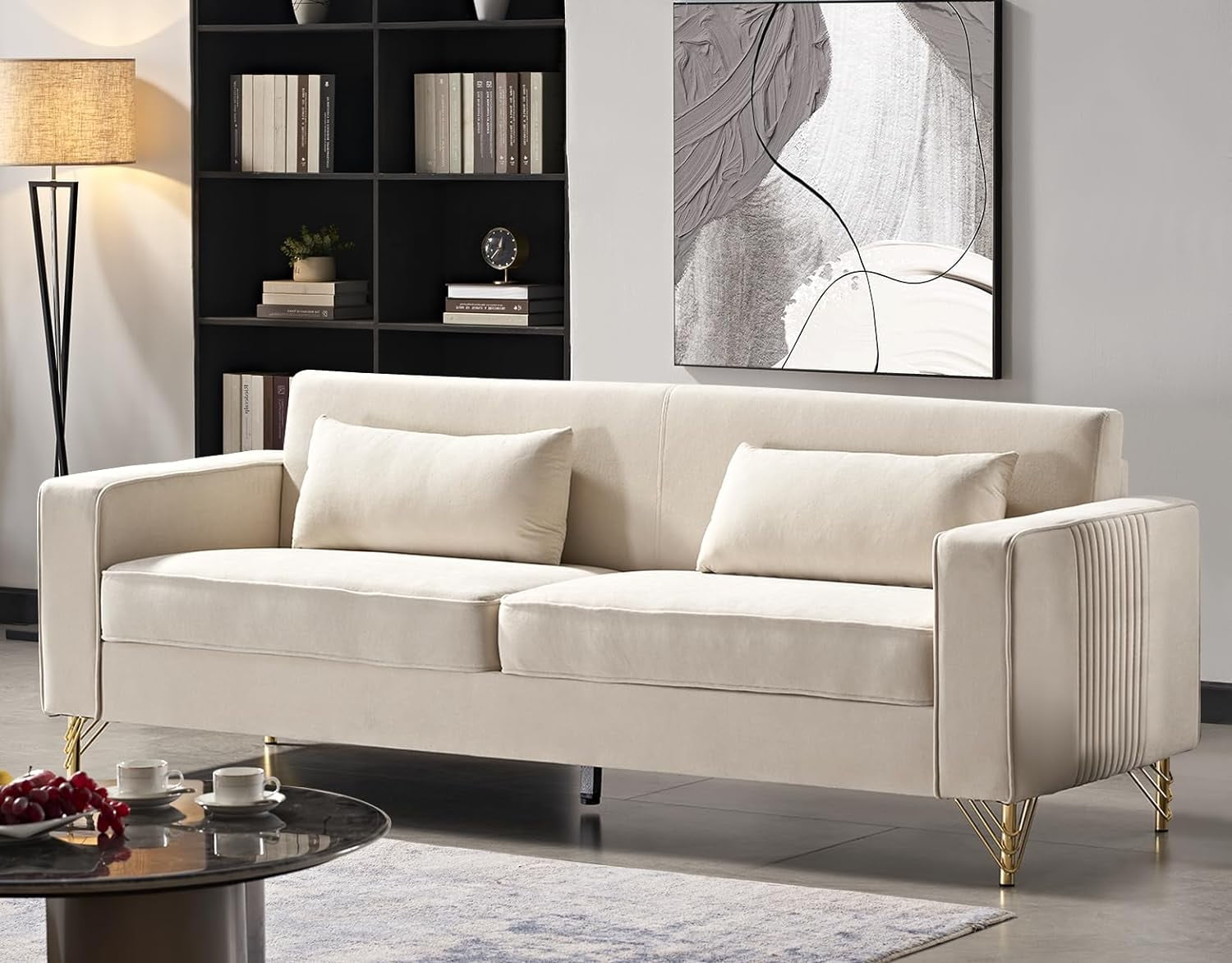US Pride Furniture Aesthetic Velvet Sofas for Living Room 3 Seater Couch with Classic Modern Appeal and Luxurious Soft Comfort Easy to Maintain 85.8Wx30.7Dx31.5H Beige