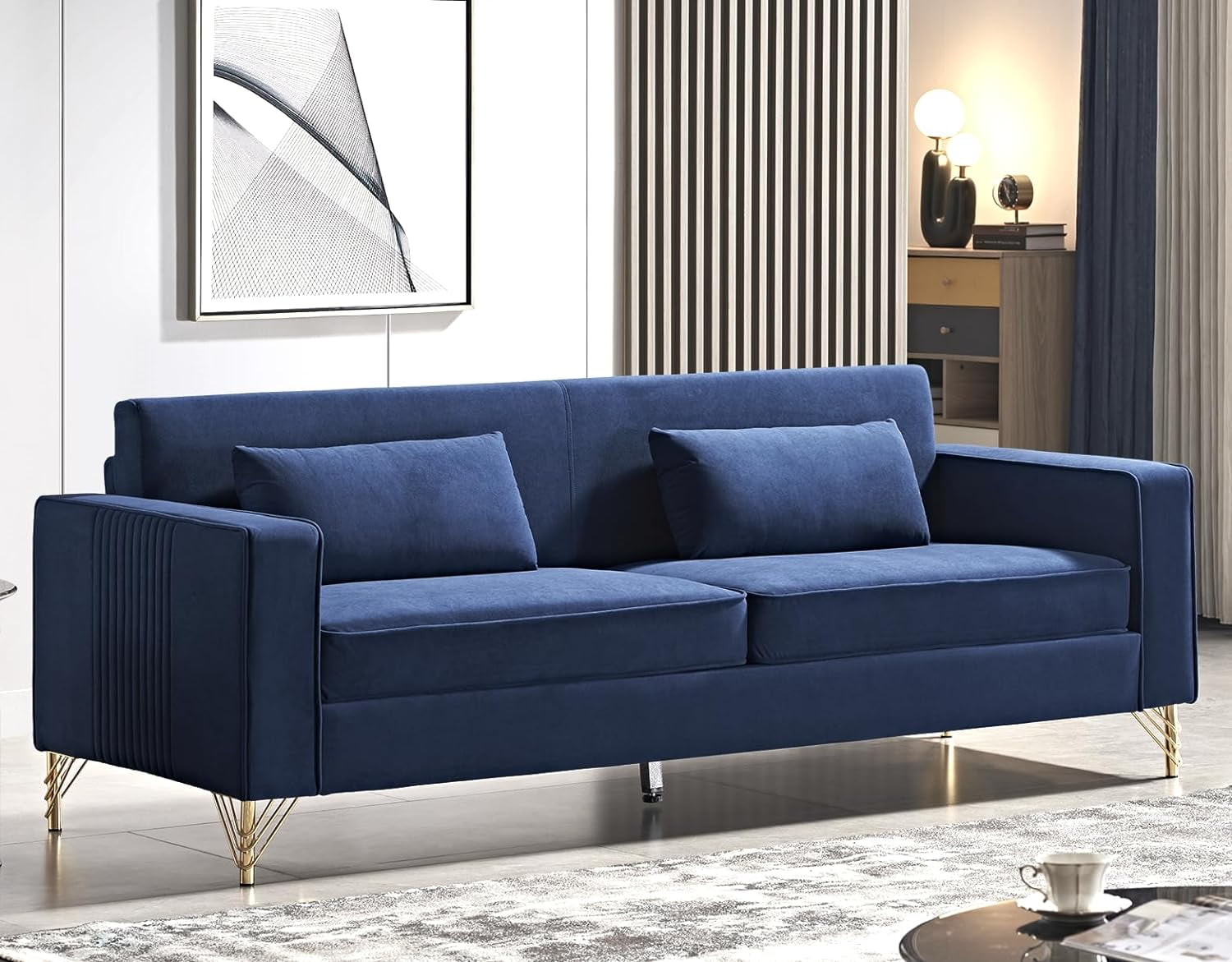 US Pride Furniture Aesthetic Velvet Sofas for Living Room 3 Seater Couch with Classic Modern Appeal and Luxurious Soft Comfort Easy to Maintain 85.8Wx30.7Dx31.5H Blue
