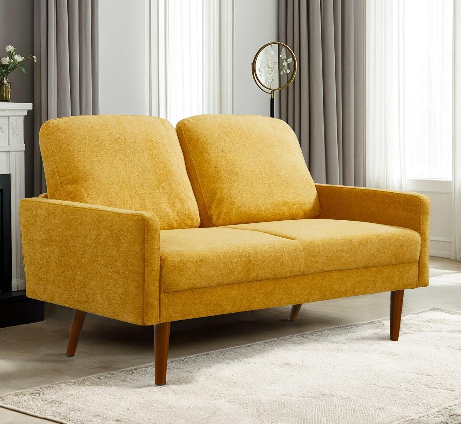 US Pride Furniture Angles 56 in. Wide Square Arm Velvet Modern Rectangle Loveseat in Musterd Yellow
