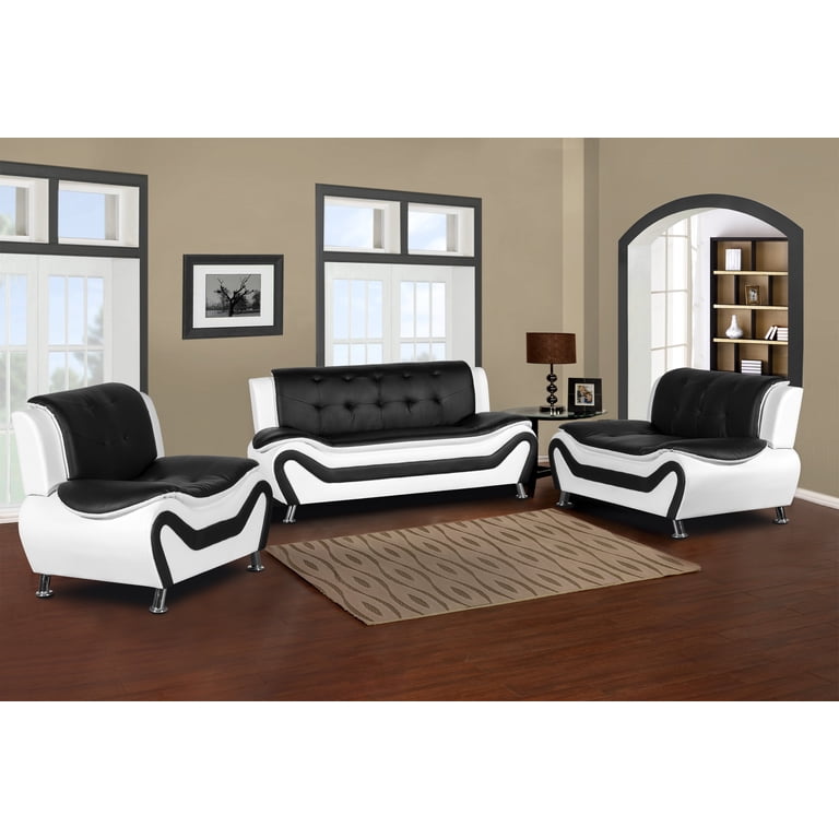 Black White Modern 3 Piece Leather Sofa Set | Baci Living Room