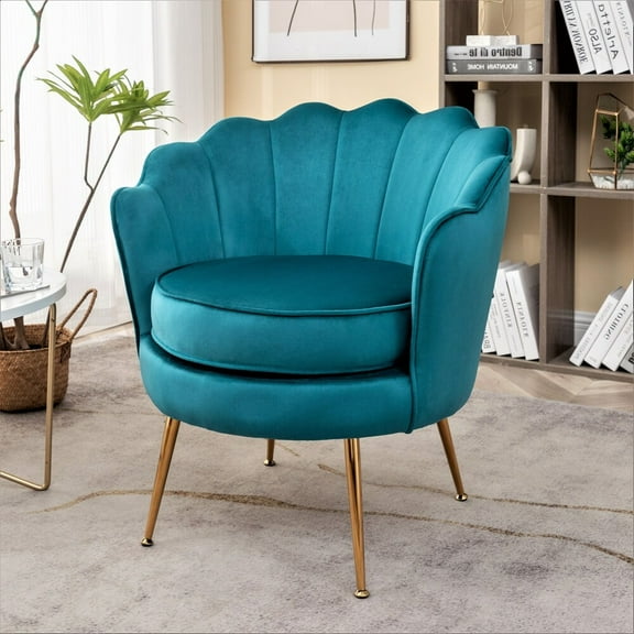 US Pride Furniture Cavett 28.3" Wide Velvet Barrel Chair with Gold Metal Legs, Greenish Blue