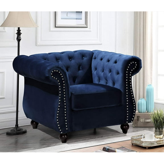 US Pride Furniture Chester 40.55 in. Wide Rolled Arm Velvet Modern Straight living Room Chair, Dark Blue